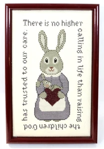Mama Bunny Finished Cross Stitch Rabbit Picture 12.5 x 8.25" Framed VTG - Picture 1 of 5