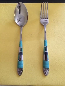 Native American Style Turquoise Inlay Spoon & Fork Stunning A Great Gift Look #2 - Picture 1 of 7
