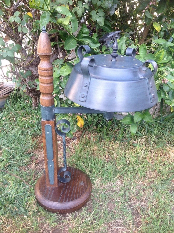 Vintage Wrought Iron Wooden Gothic / Industrial Table Lamp Style  - Image 1 of 4