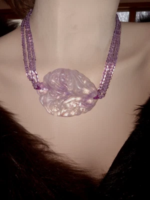 GOLD FILLED CLASP 3 STRAND 4MM AMETHYST BEAD CARVED PEND. NECKLACE, 18", 75.4 G - Image 1 of 4