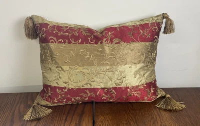 Embroidered Accent Pillow 16" x 21" Feather Bronze Burgundy Tasseled Vibrant - Image 1 of 4