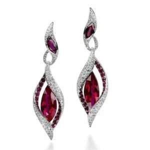 2 CT Ruby Marquise Leaf Drop Dangle Women's Party Earrings 14K White Gold Plated - Picture 1 of 4
