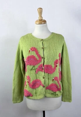 Cárdigan Suéter Verde Tejido a Mano Botón Artístico Vintage Años 90 Novedad Flamencos M Foto 1 de 4