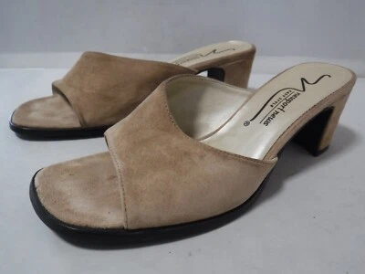 VTG 90s Y2K Newport News Tan Suede Square Open Toe Chunky Heel Mules Sandals 8 - Image 1 of 4