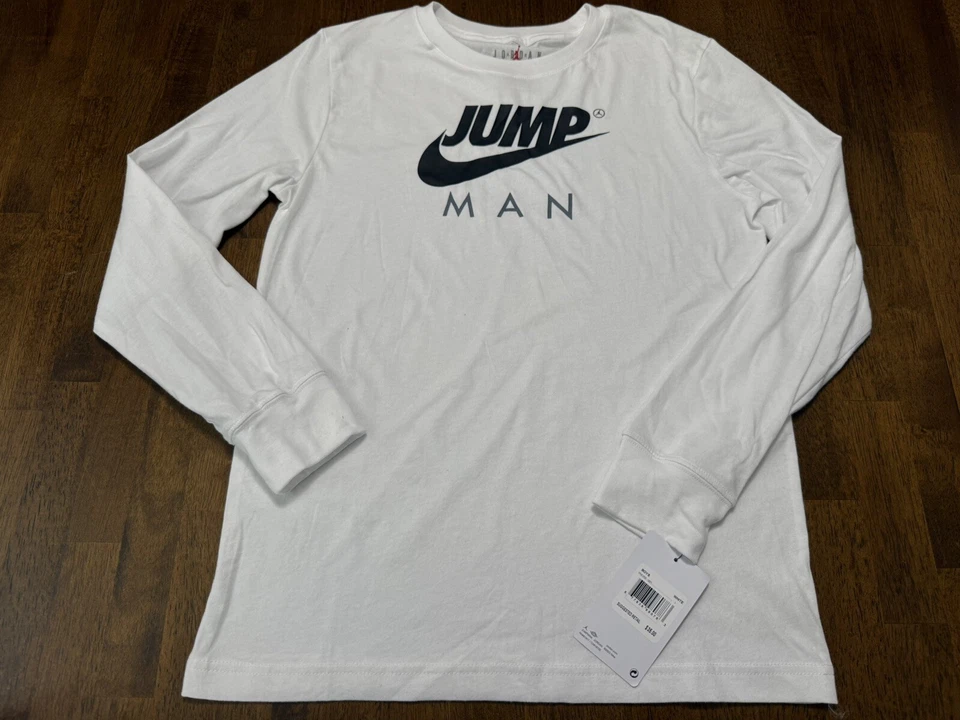 NWT Jordan Air Jumpman Shirt Boys Large 12-13 YR White Black Graphic Long Sleeve - Image 1 of 1