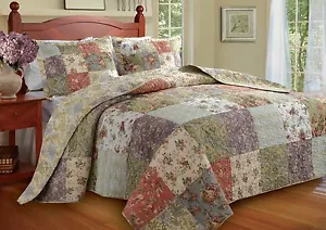 BELLISSIMO SET COPRILETTO PATCHWORK ACCOGLIENTE ANTICO VINTAGE COUNTRY VERDE ROSA BLU - Foto 1 di 2