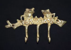 Brass Coat Key Chain Hanger Golden Two Frog Figurine Wall Hook Clothe Hanger - Picture 1 of 5