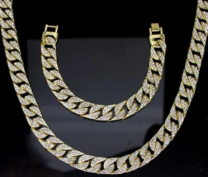 Mens Necklace Bracelet Set Iced CZ Cuban Curb Link Chain 14k Gold Plated Hip Hop - Picture 1 of 12