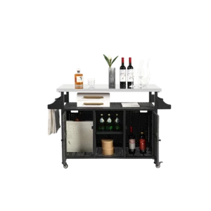 Large Outdoor Wicker Bar Cart, Rolling Kitchen Island with Stainless Steel Top - Picture 1 of 15