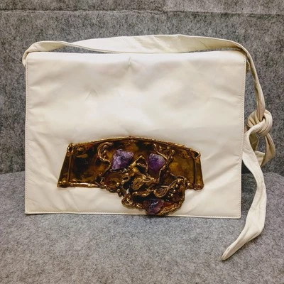 Vtg 70’s  Copa Collection Amethyst Quartz White Leather Handbag Brass Aged - Image 1 of 4