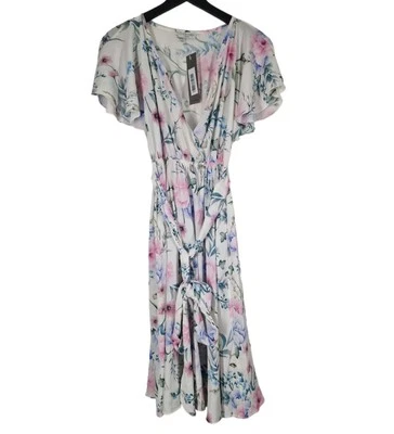Dress Tea Pastel Size 8 White Floral Short Sleeve Belt Knee Length City Goddess - Image 1 of 4