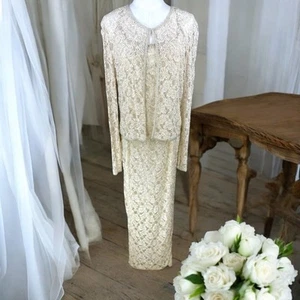 Stenay vintage SZ 10 beaded sequins &lace maxi gown & jacket, off white/ white - Picture 1 of 16