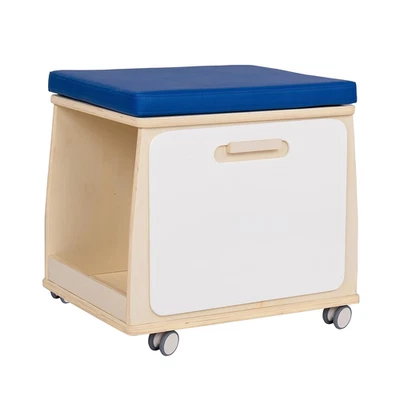 Children’S Factory Mobile Teacher Stool with Storage, Birch-Ply Wood, Blue Cushi - Image 1 of 4