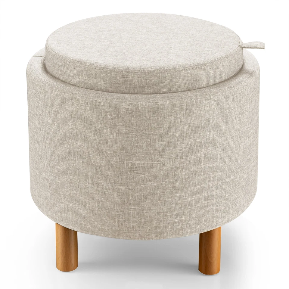 Costway Round Storage Ottoman w/Wood Leg w/Tray Top Accent Padded Footrest Beige - Image 1 of 4