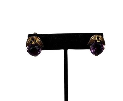 Pendientes antiguos vintage de zafiro púrpura de oro de 10 quilates de 11,6 mm Foto 1 de 4