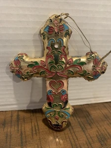 Cruz Dorada Esmalte Cloisonne Único De Colección 5 1/4" de Alto Con Pájaros, Abejas, Corazones - Imagen 1 de 4