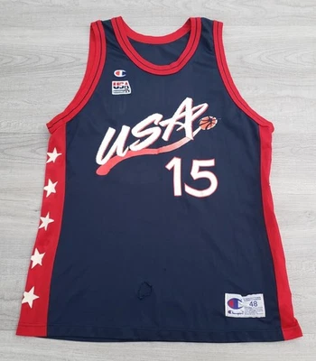 VTG 90 CHAMPION USA BASKETBALL JERSEY #15 OLAJUWON SZ 48 RED/WHITE/BLUE - Image 1 of 4