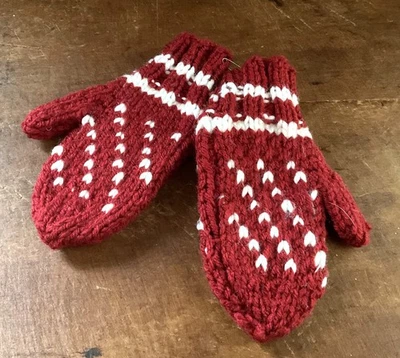 EARLY 1900'S PAIR OF HAND KNIT WOOL CHILD'S DARK RED & WHITE MITTENS ~ AAFA - Image 1 of 3