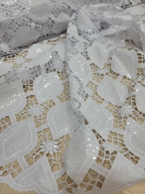 Fabric Sold By The Yard White Lace Clear Sequin Guipure Geometric Embroidery  - Image 1 of 4