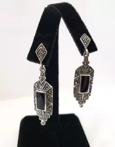 Vintage Art Deco Stil Sterling und Markasiten Onyx Ohrhänger - Bild 1 von 9