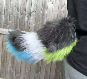 Lime Green + Blue + white + gray medium Fursuit Tail Handmade Furry Cosplay - Picture 1 of 7