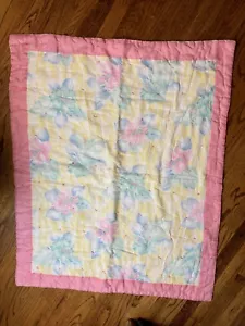 Vintage 80s Pink Floral Pastel Baby Crib Quilt Blanket - Picture 1 of 4