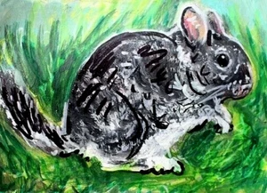 ORIGINAL ACEO Painting CHINCHILLA Spring Clover Grey Animal Rodent ATC ART - Picture 1 of 1