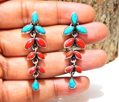 Coral Turquoise Flower Earring Studs in 925 Sterling Silver Wedding Earring gift - Image 1 of 4