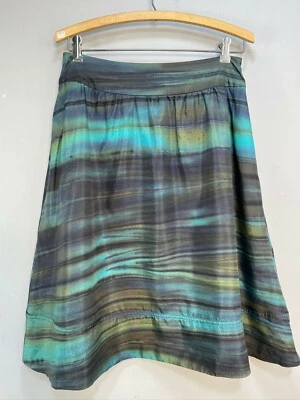 THEORY Silk Skirt Teal Brown Striped Horizontal Watercolor Stroke Lined Career - Image 1 of 4