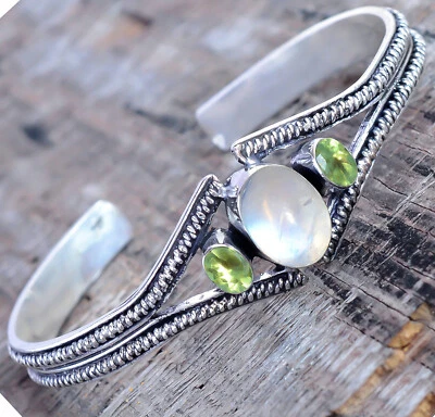 Moonstone, Peridot Gemstone Bracelet 925 Sterling Silver Woman's Bangle Cuff - Image 1 of 4