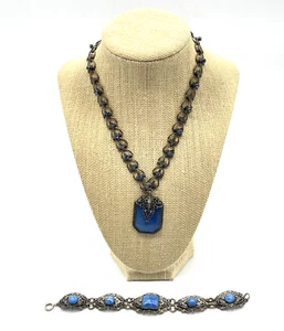 Vintage Czech Art Deco Demi Parure Pendant Bracelet Blue Molded Glass Stones - Picture 1 of 11