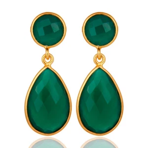 Green Onyx Faceted Gemstone 925 Silver Teardrop Earrings - 18K Gold Plated - Picture 1 of 5