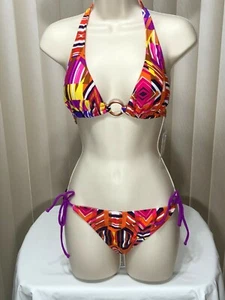 Split Wireless Bikini M Halter Top Self Tie Side Brief 2 Piece Swimsuit S36940 - Picture 1 of 9