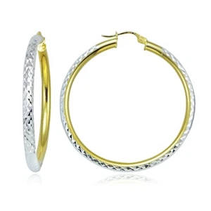 Sterling Silver Two-Tone 3mm Diamond-Cut Round Hoop Earrings, 45mm - Picture 1 of 2