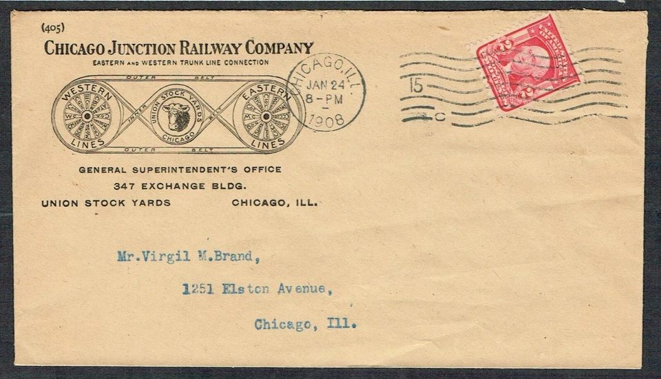 USA 1908 Advertising Cover Chicago Junction Railway Company 2c Red Fine Used - Image 1 of 1