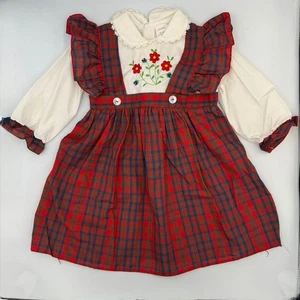 VTG Good Lad Apparel 3T Girls Red Plaid Embroidered Flowers Pinafore Dress - Picture 1 of 10