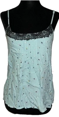 Lauren Conrad Medium Teal Floral Pattern Lace Trim Spaghetti Pullover Cami Tank - Image 1 of 4