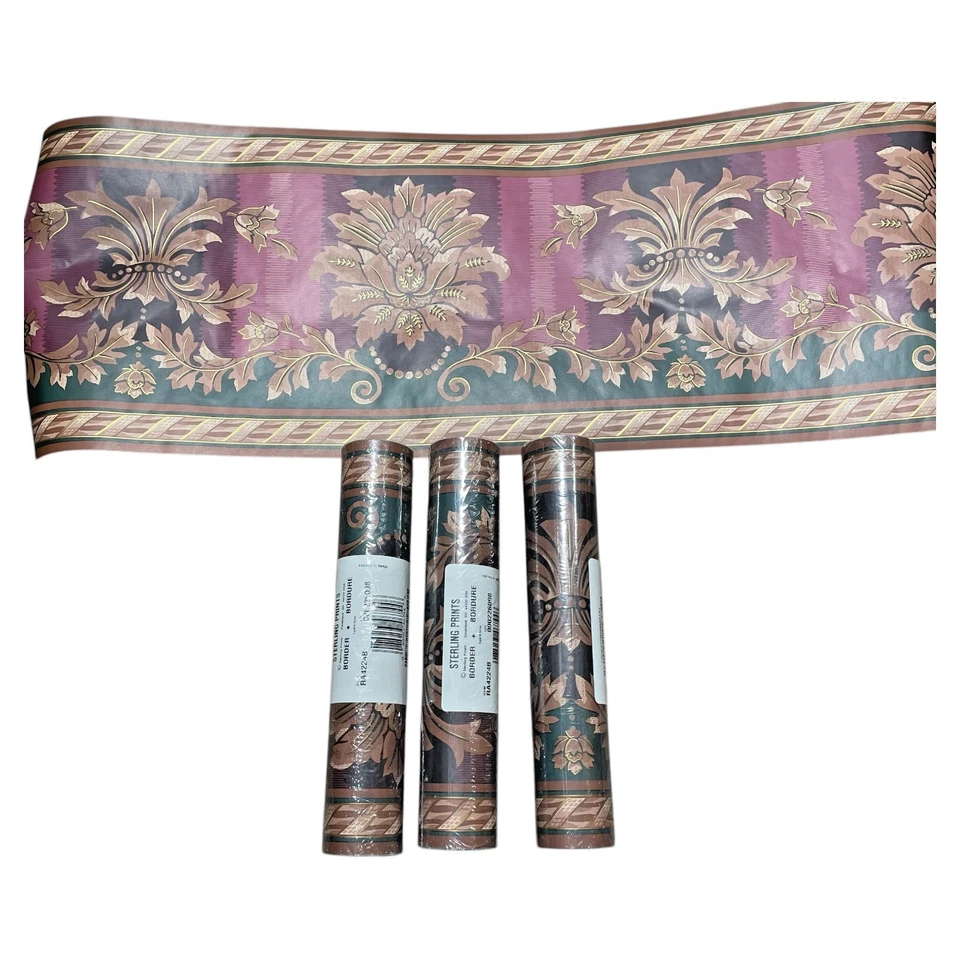 复古纯银印花壁纸边框 – 勃艮第和金色锦缎花卉套装 3 — 第 1/1 张图片