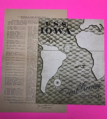 USS IOWA BB-61 First Crossing 1943 RARE Booklet and 3 Year Typed History - Image 1 of 4