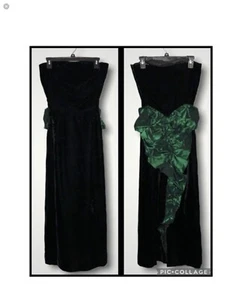 Black Velvet & Emerald Green Strapless Lined Corset Top Formal Prom Gown XXS - Picture 1 of 9
