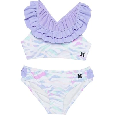 Traje de baño bikini Hurley para niña talla 6 2 piezas púrpura blanco pulso volantes Foto 1 de 3