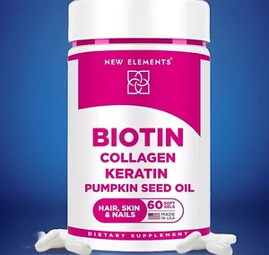 Biotin 10000mcg Collagen Keratin Hair Loss Growth Supplement Pumpkin Seed Oil - Picture 1 of 6