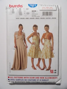 BURDA 7921 LADIES EVENING DRESS STRAPS BOLERO JACKET 10-22 UNCUT - Picture 1 of 3