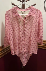 No Boundaries Womens XL (15-17) Pink Dots Blouse Collared Button Up Waist Ties - Picture 1 of 6