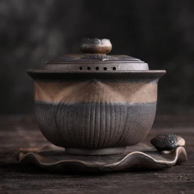 4.6" Chinese Retro Coarse Pottery Gaiwan Tea Cup Handmade Tureen Tea Bowl TeaSet - Image 1 of 4