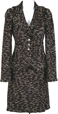 ST.JOHN женщин вязаный бахромой отделки коричневый белый оранжевый Твид куртка и юбка размер 4-6 - Изображение 1 из 4