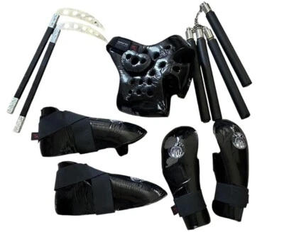 Karate Black Head Gear, Gloves & Shoes.  Includes 2 Nunchucks And 2 Kamas - Image 1 of 4