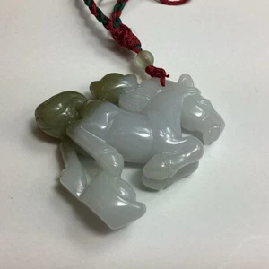 White & Green Two Sided Jadeite Horse & Lucky Hat Translucent Pendant - Picture 1 of 13