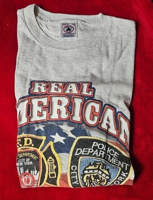 Vintage Real American Heroes T-Shirt Youth XL FDNY NYPD USA Flag Fire Police Tee - Image 1 of 4