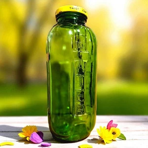 Vintage 40 oz. Green Water/Juice Glass Bottle - Yellow Twist Cap - Picture 1 of 9
